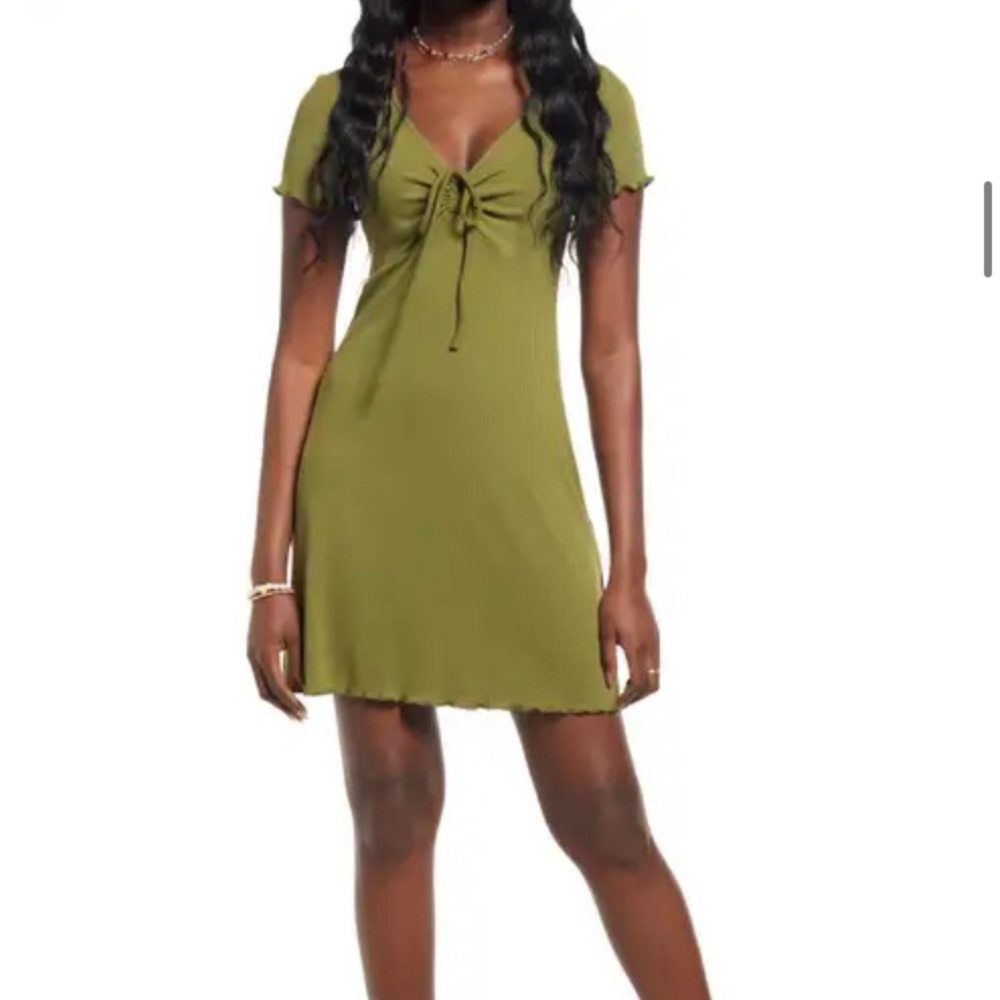 BP. Tie Front Lettuce Edge Minidress | Olive Green | Small